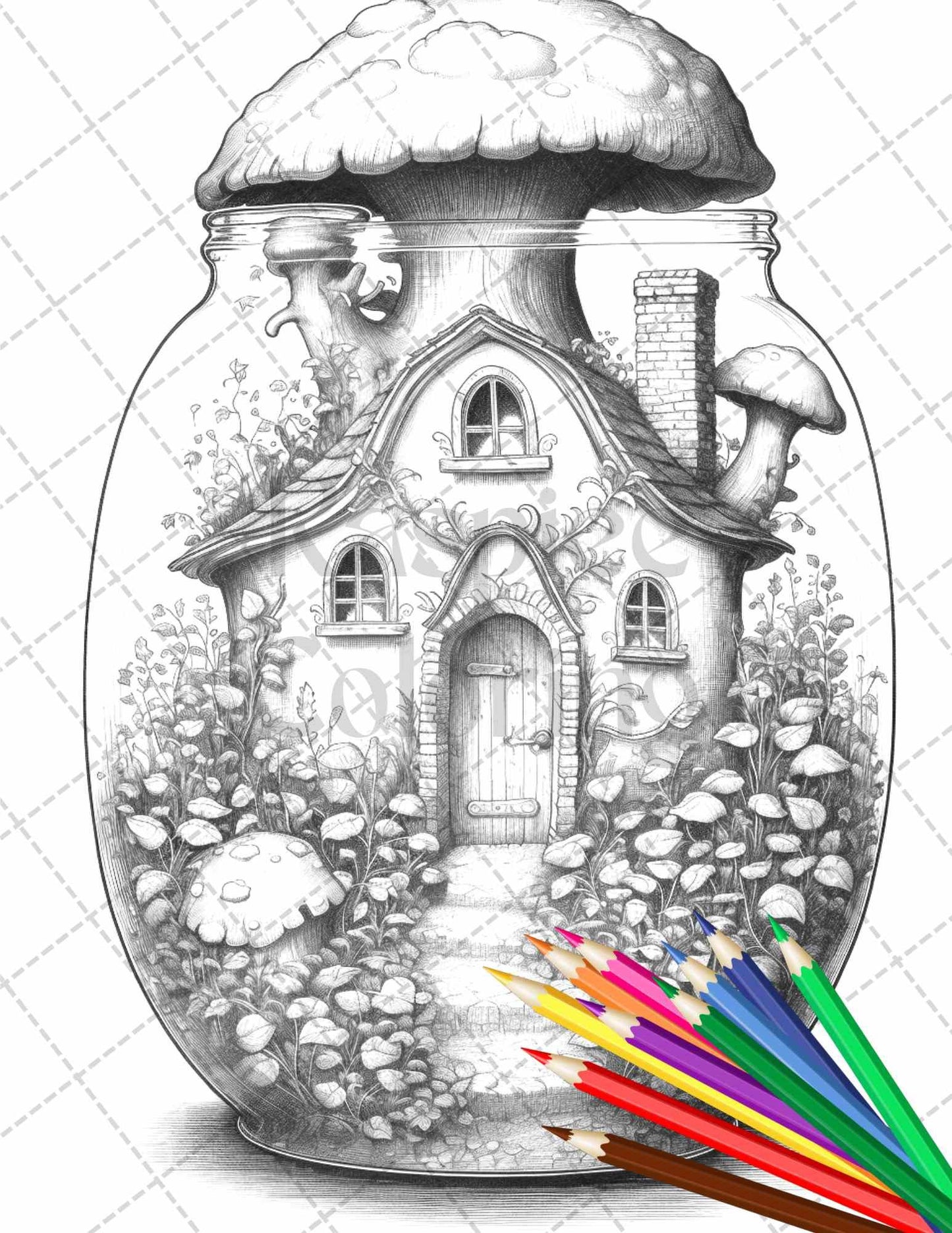 Fairy House in Jar Grayscale Coloring Pages Printable for Adults, PDF File Instant Download