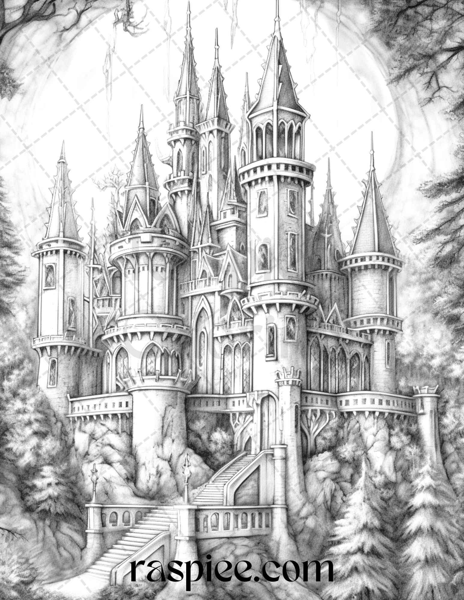 50 Haunted Castles Grayscale Coloring Pages Printable, Halloween Coloring Book, PDF File Instant Download