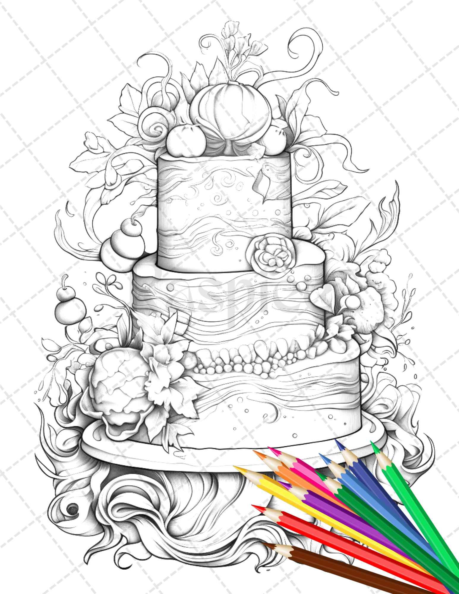 38 Whimsical Cakes Grayscale Coloring Pages for Adults, PDF File Instant Download