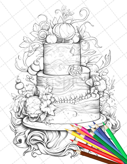 38 Whimsical Cakes Grayscale Coloring Pages for Adults, PDF File Instant Download