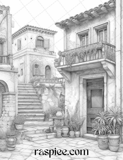 Roman Architecture Grayscale Coloring Pages Printable for Adults, PDF File Instant Download