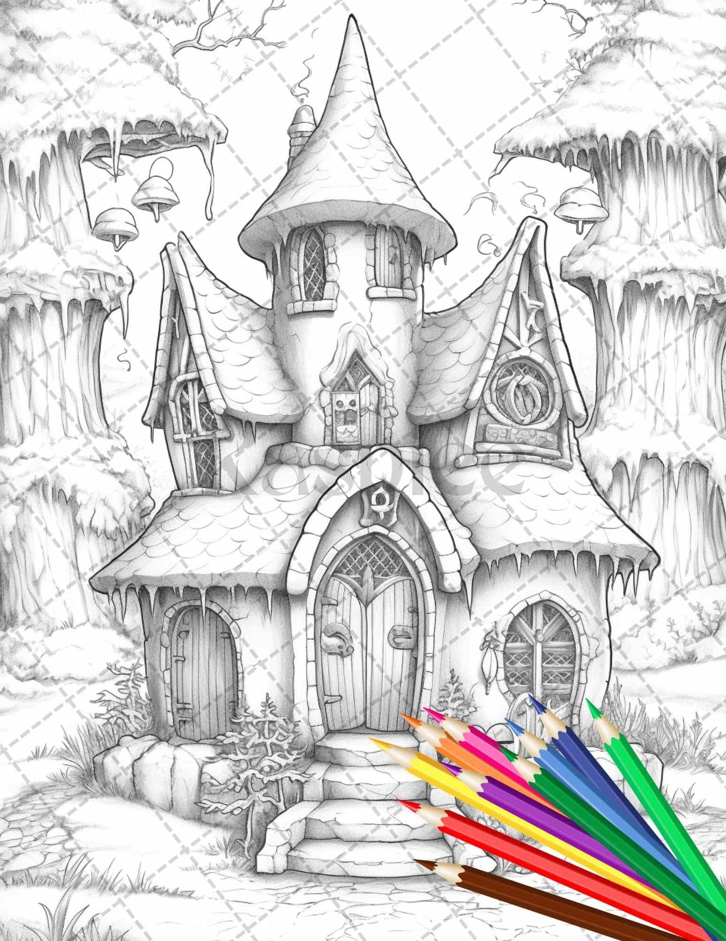 63 Winter Fairy Houses Grayscale Coloring Pages Printable for Adults, PDF File Instant Download