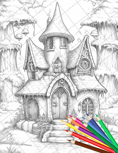 63 Winter Fairy Houses Grayscale Coloring Pages Printable for Adults, PDF File Instant Download