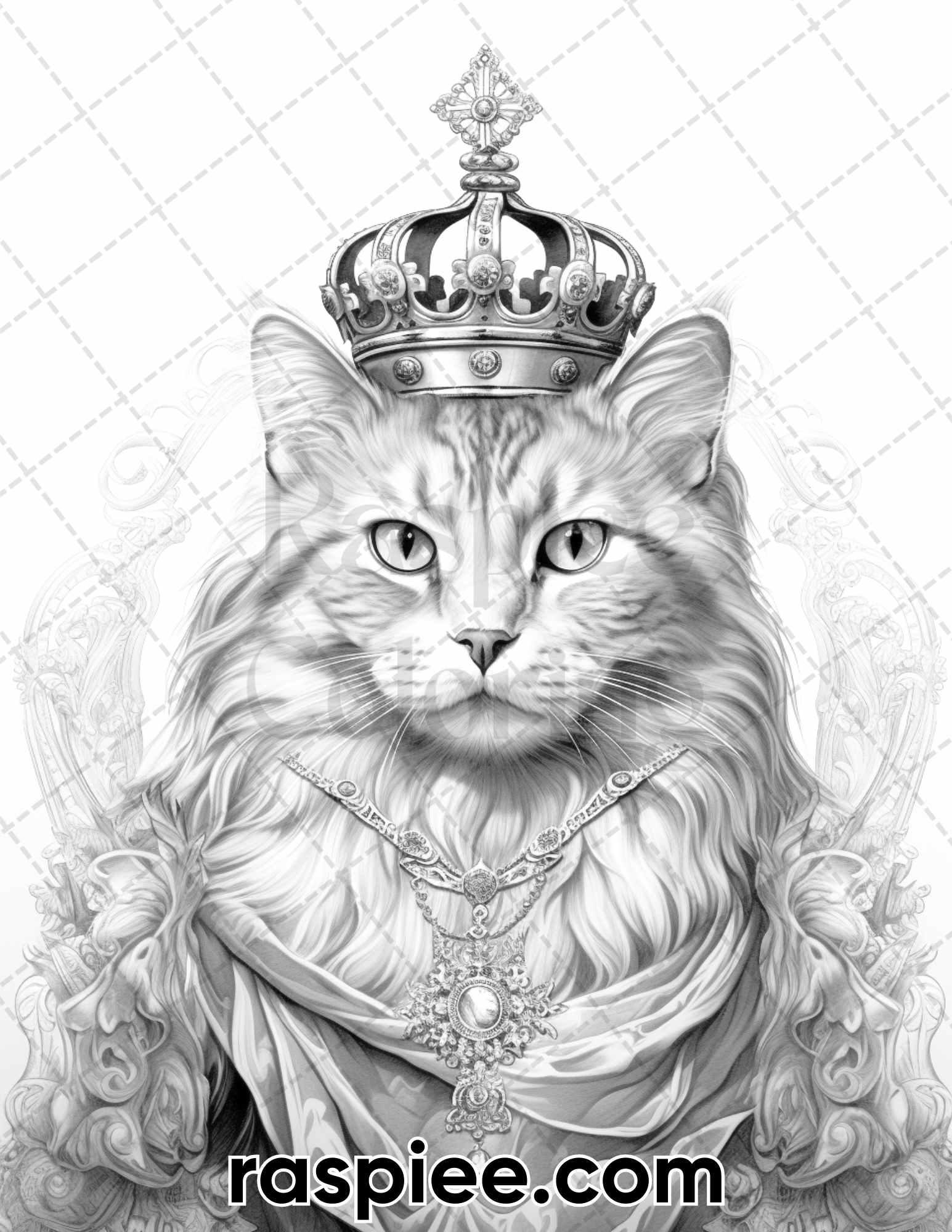 50 Royal King Cat Grayscale Coloring Pages for Adults, Printable PDF Instant Download