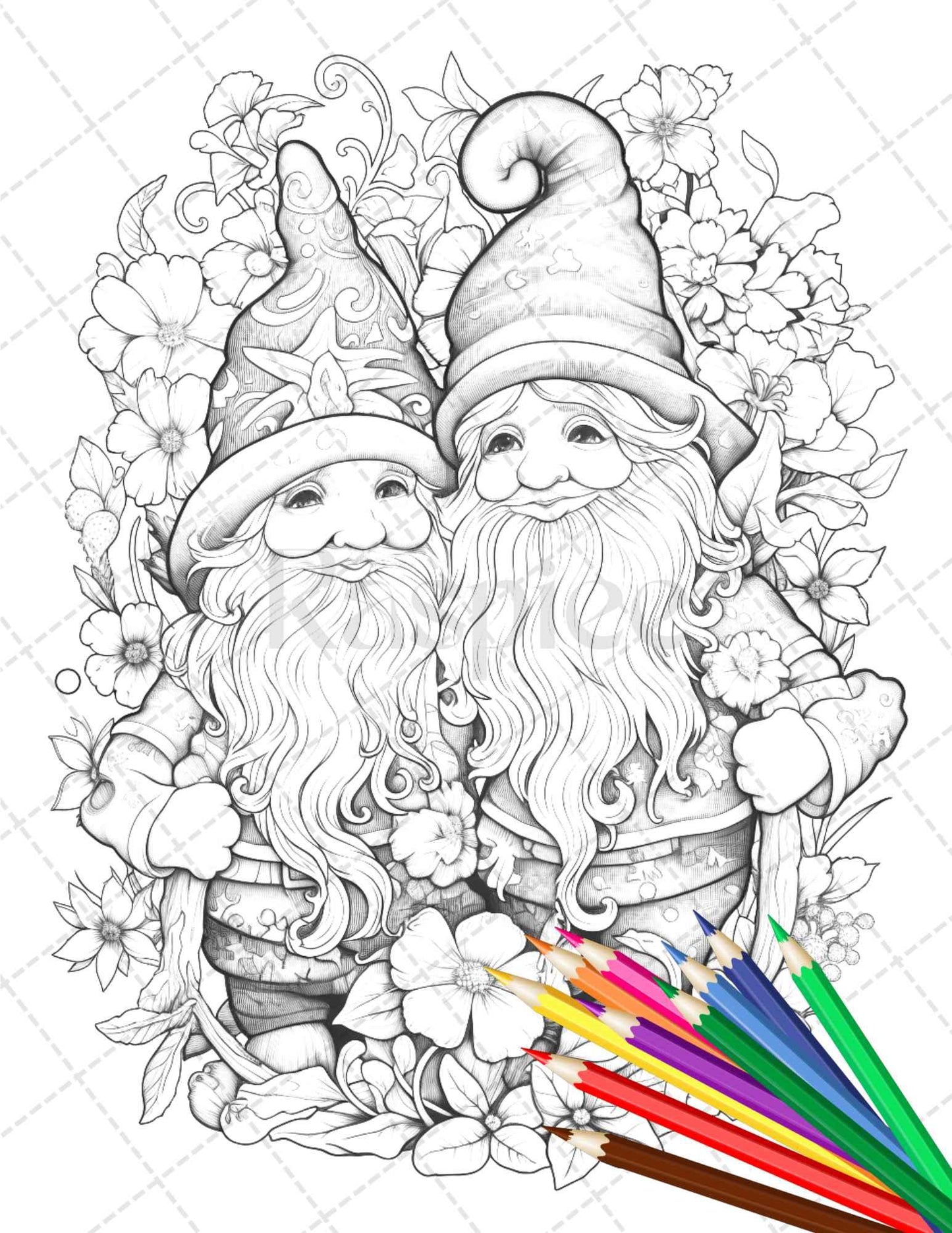 33 Gnome Love Coloring Pages Printable for Adults, Grayscale Coloring Page, PDF File Instant Download