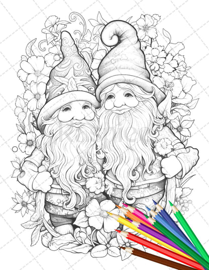 33 Gnome Love Coloring Pages Printable for Adults, Grayscale Coloring Page, PDF File Instant Download