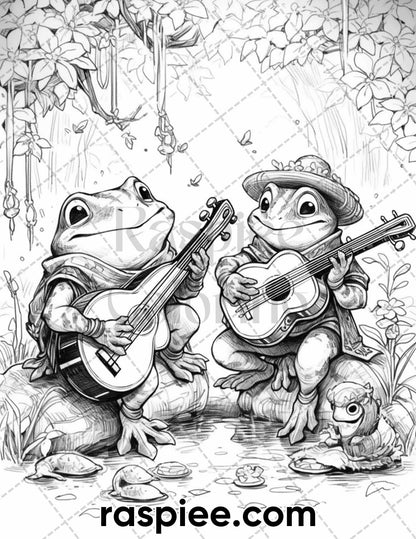 50 The Frog Kingdom Grayscale Coloring Pages for Adults, Printable PDF Instant Download
