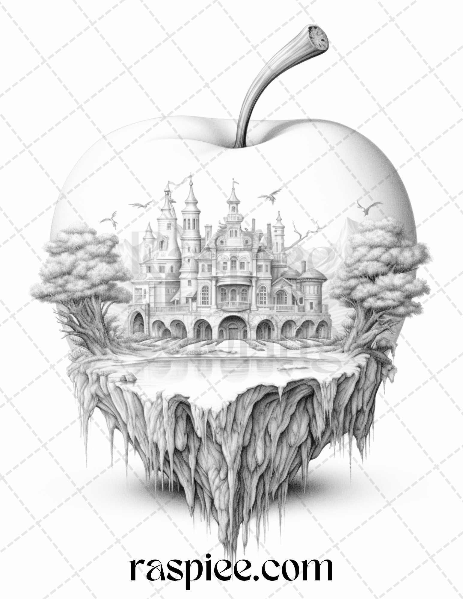60 Miniworld in the Apple Grayscale Coloring Pages Printable for Adults, PDF File Instant Download