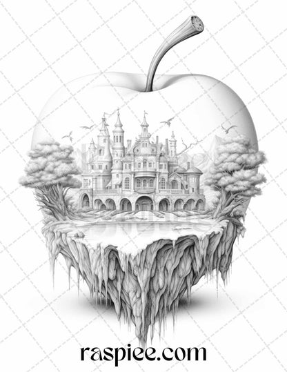 60 Miniworld in the Apple Grayscale Coloring Pages Printable for Adults, PDF File Instant Download