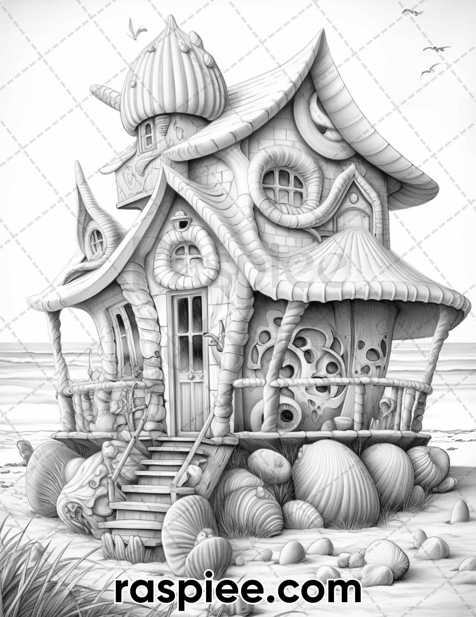 50 Seashell Houses Grayscale Adult Coloring Pages, Printable PDF Instant Download