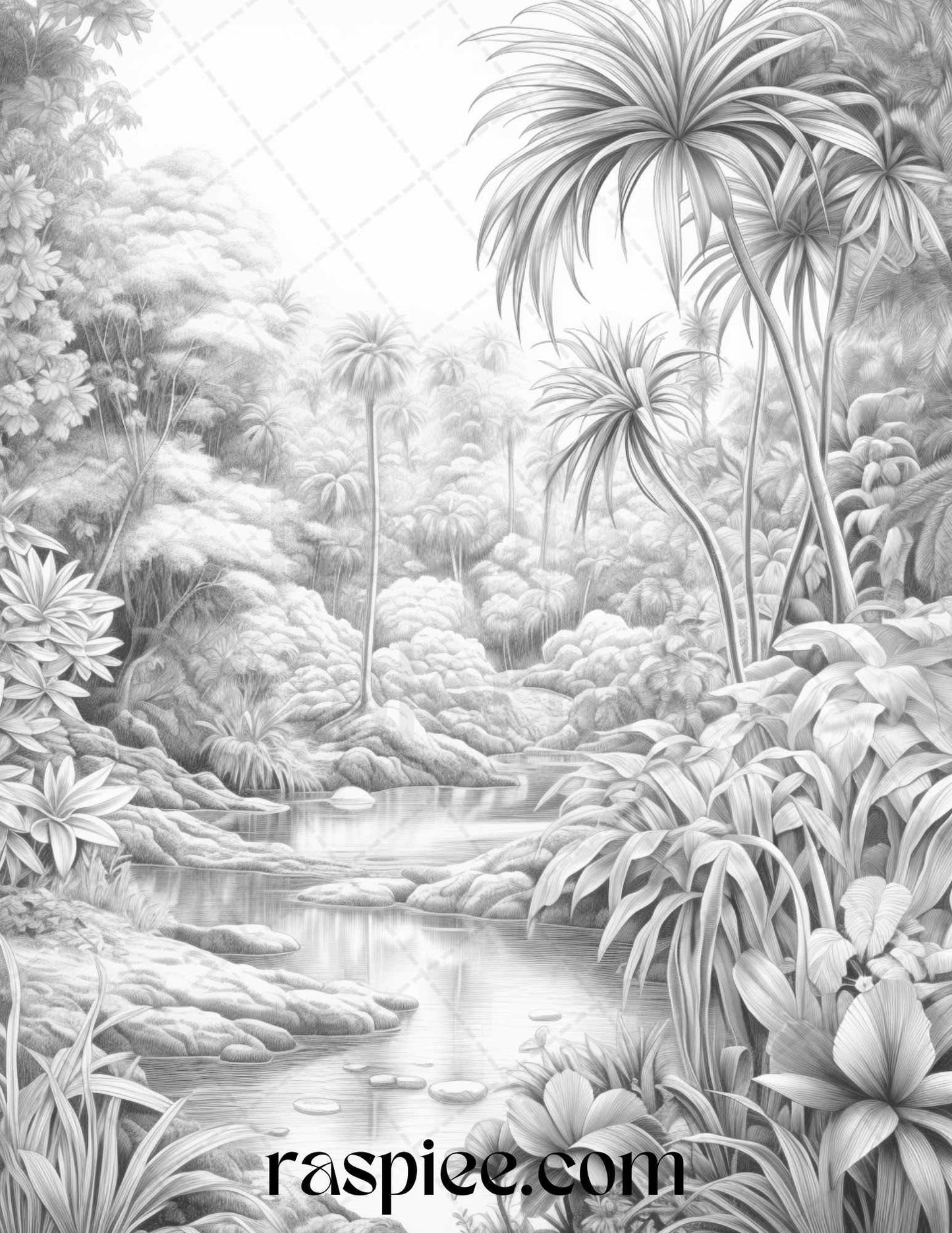 52 Tropical Oasis Grayscale Coloring Pages Printable for Adults, PDF File Instant Download