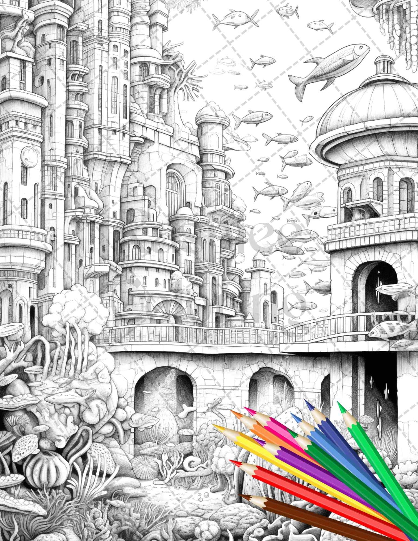 Enchanted Underwater City Grayscale Coloring Pages Printable for Adults, PDF File Instant Download