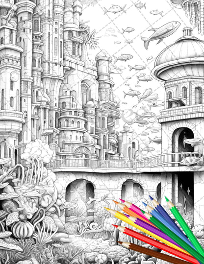Enchanted Underwater City Grayscale Coloring Pages Printable for Adults, PDF File Instant Download