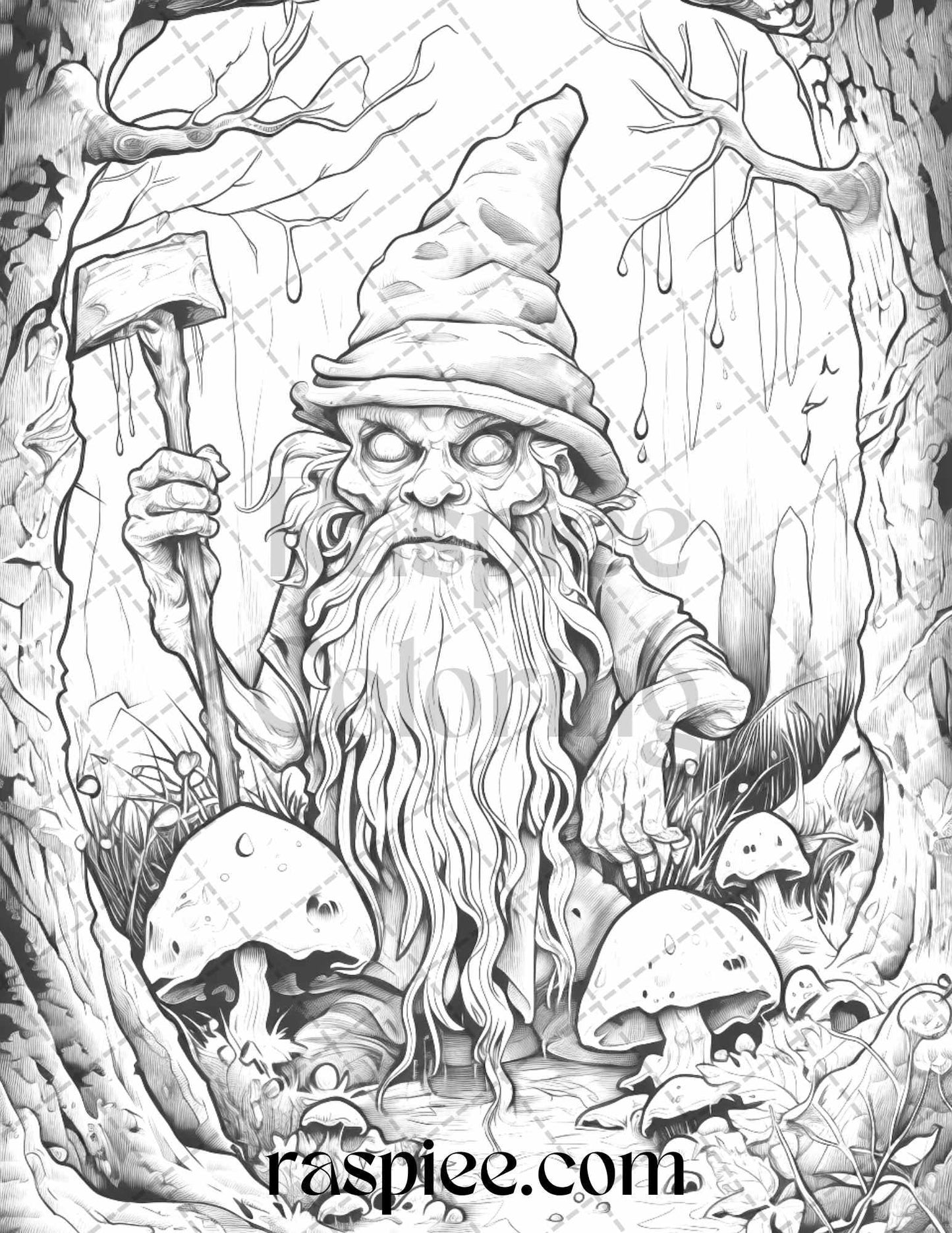 50 Horror Zombie Gnomes Grayscale Coloring Pages Printable for Adults, PDF File Instant Download