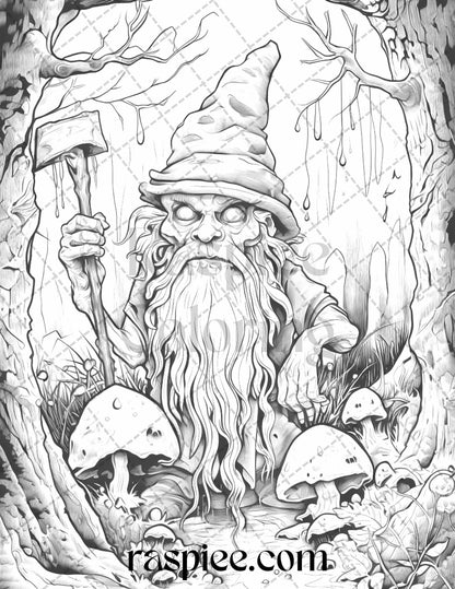 50 Horror Zombie Gnomes Grayscale Coloring Pages Printable for Adults, PDF File Instant Download