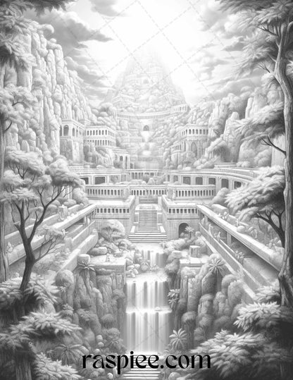Hanging Gardens of Babylon Grayscale Coloring Pages Printable, PDF File Instant Download