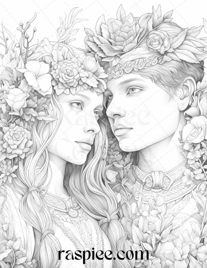 50 Romantic Couple Flowers Grayscale Coloring Pages Printable for Adults, PDF File Instant Download