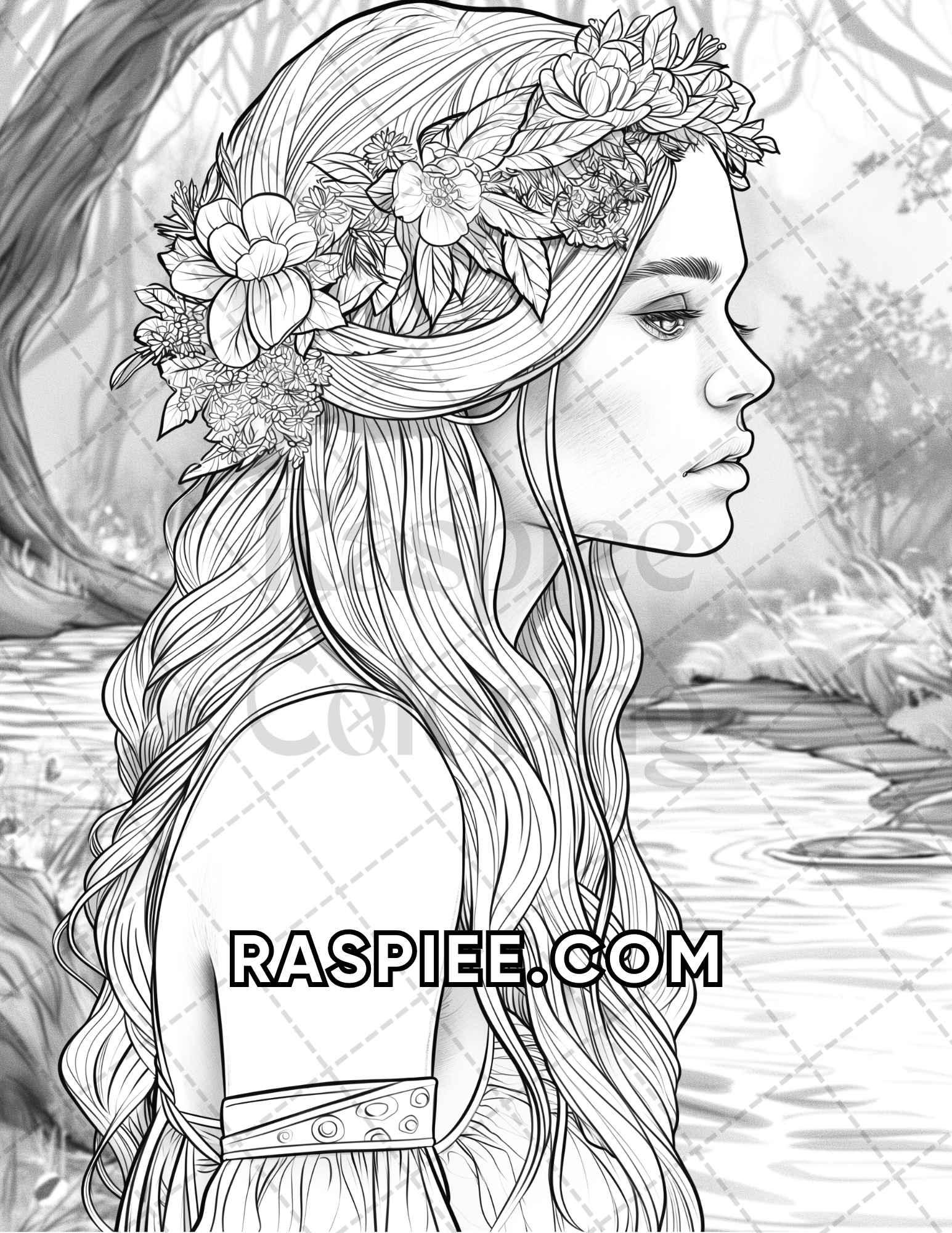 60 Fantasy Beauties Grayscale Adult Coloring Pages Printable PDF Instant Download