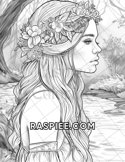 60 Fantasy Beauties Grayscale Adult Coloring Pages Printable PDF Instant Download