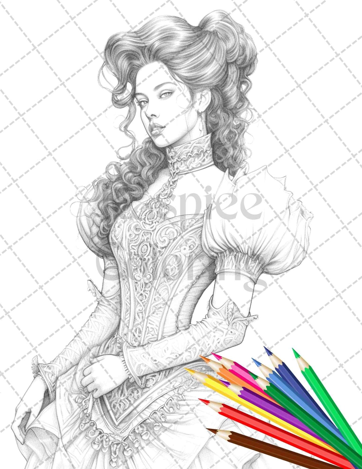 50 Victorian Fashion Grayscale Coloring Pages Printable for Adults, PDF File Instant Download