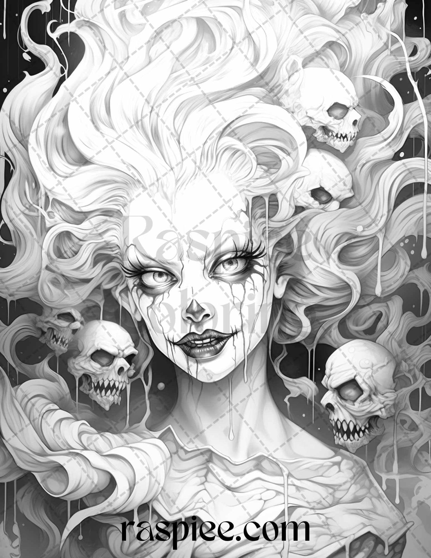 50 Scary Clown Girls Grayscale Coloring Pages Printable for Adults, PDF File Instant Download