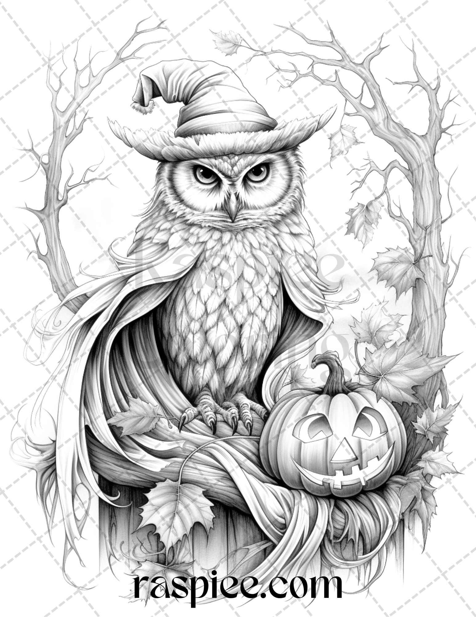 Halloween Witch Owl Grayscale Coloring Pages for Adults and Kids, Printable PDF Instant Download