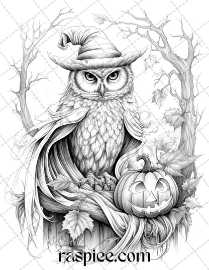 Halloween Witch Owl Grayscale Coloring Pages for Adults and Kids, Printable PDF Instant Download
