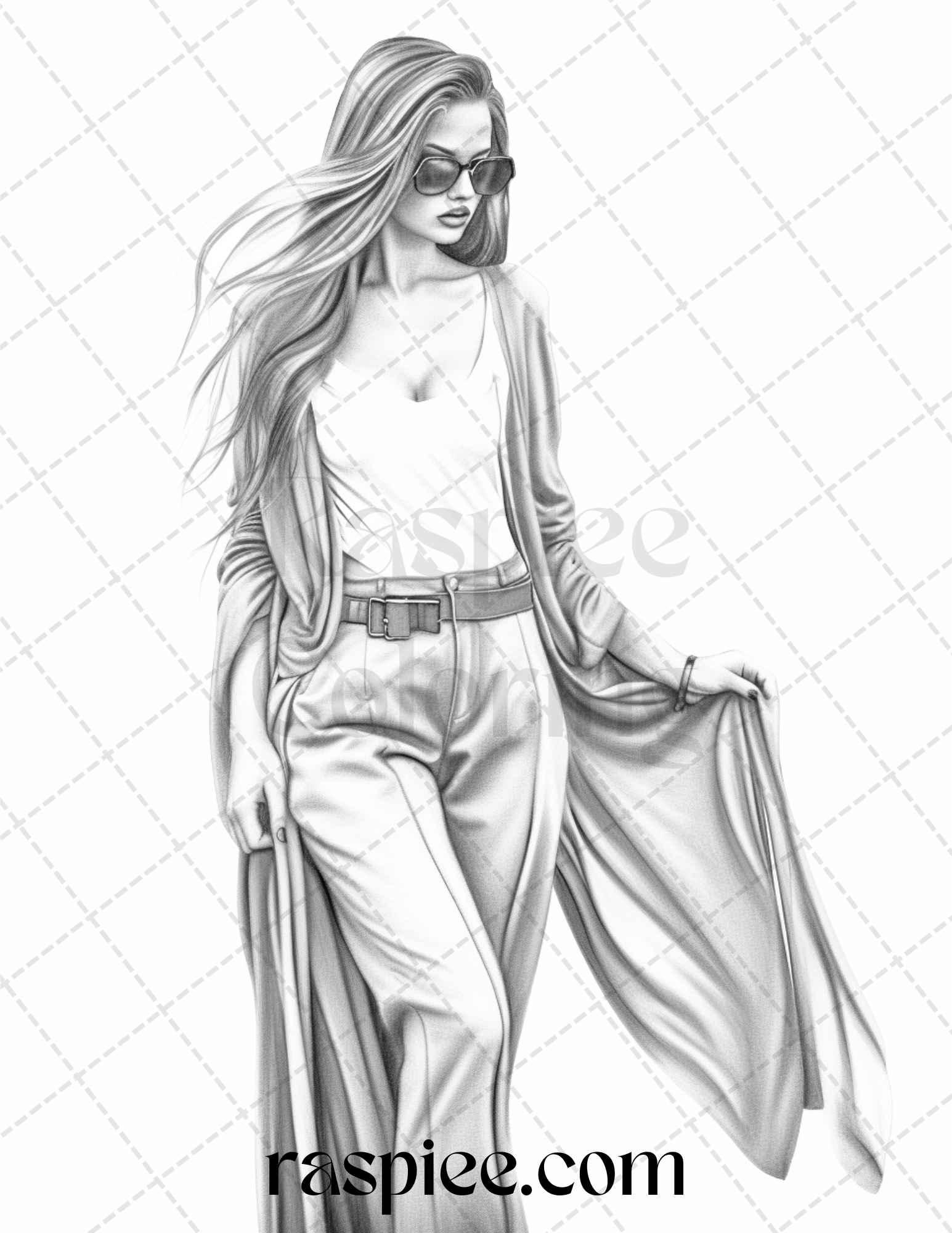 50 Streetwear Fashion Grayscale Coloring Pages Printable for Adults, PDF File Instant Download