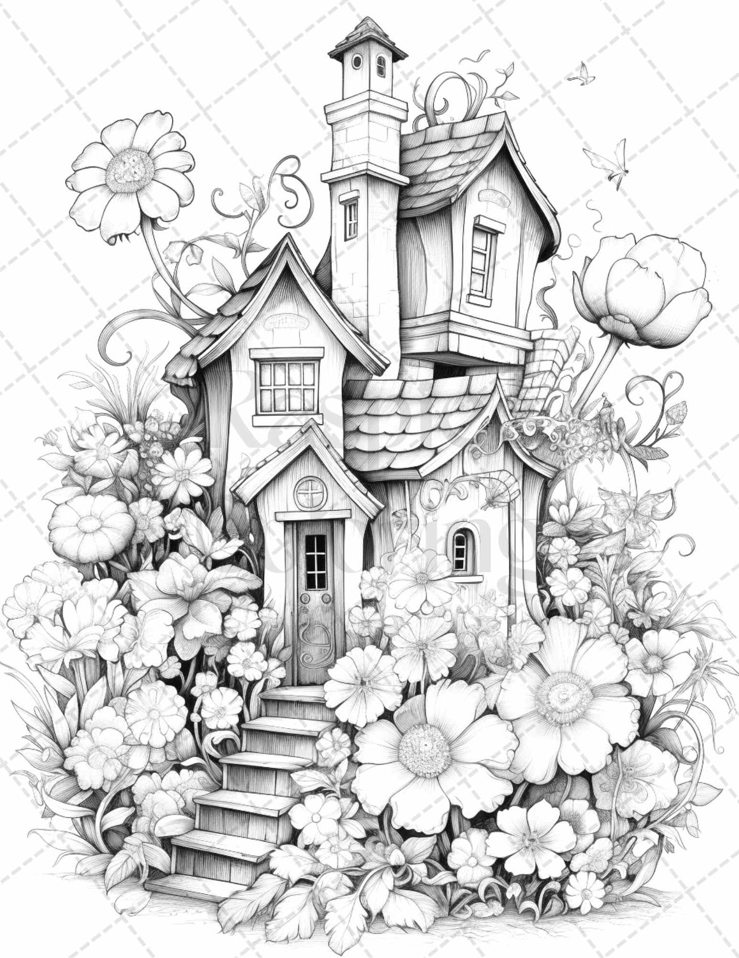 60 Flower Houses Grayscale Coloring Pages Printable for Adults, PDF File Instant Download