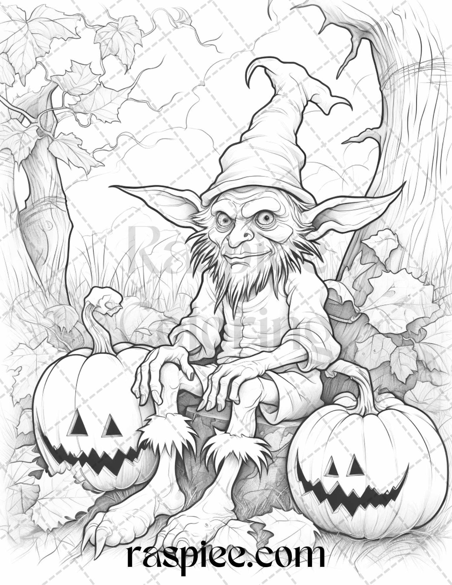 50 Halloween Goblin Grayscale Coloring Pages Printable for Adults, PDF File Instant Download
