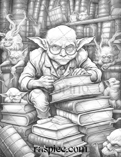 Fantasy Goblins Grayscale Coloring Pages Printable for Adults, PDF File Instant Download
