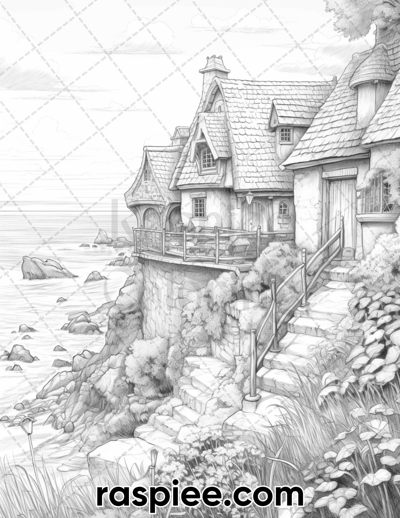 50 Fairy Beach Houses Grayscale Coloring Pages for Adults, Printable PDF Instant Download