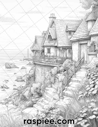 50 Fairy Beach Houses Grayscale Coloring Pages for Adults, Printable PDF Instant Download