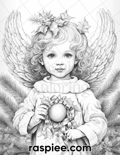 55 Christmas Angel Grayscale Coloring Pages for Adults, Printable PDF Instant Download