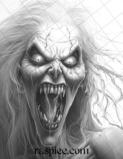 60 Halloween Vampire Grayscale Coloring Pages Printable for Adults, PDF File Instant Download