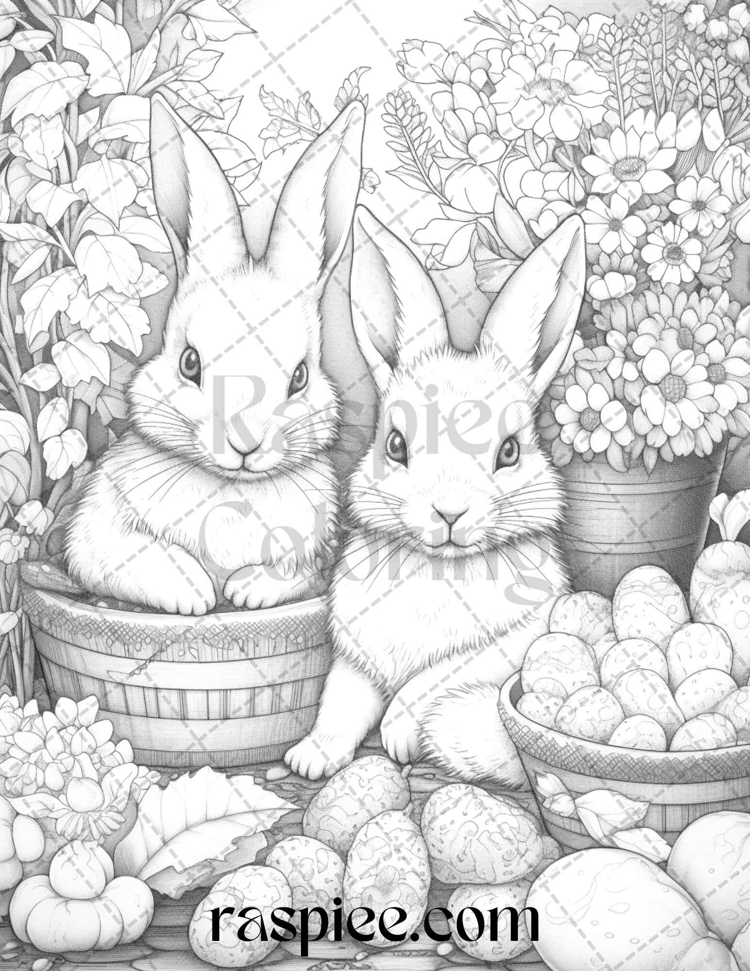 50 Rabbit Garden Grayscale Coloring Pages Printable for Adults, PDF File Instant Download