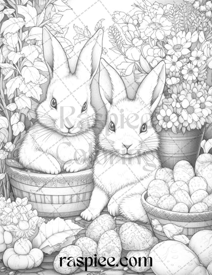 50 Rabbit Garden Grayscale Coloring Pages Printable for Adults, PDF File Instant Download