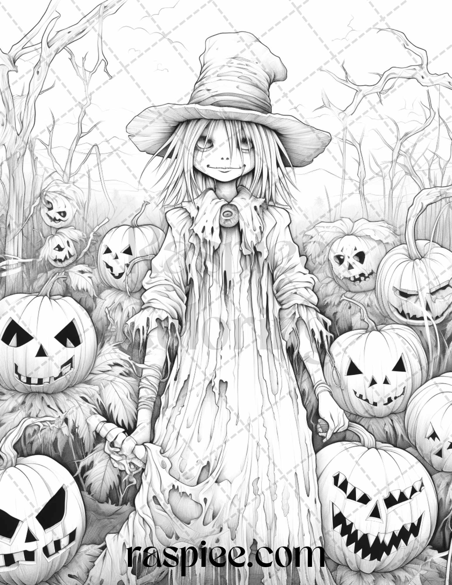 50 Halloween Scarecrows Grayscale Coloring Pages Printable for Adults, PDF File Instant Download
