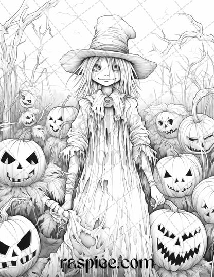 50 Halloween Scarecrows Grayscale Coloring Pages Printable for Adults, PDF File Instant Download
