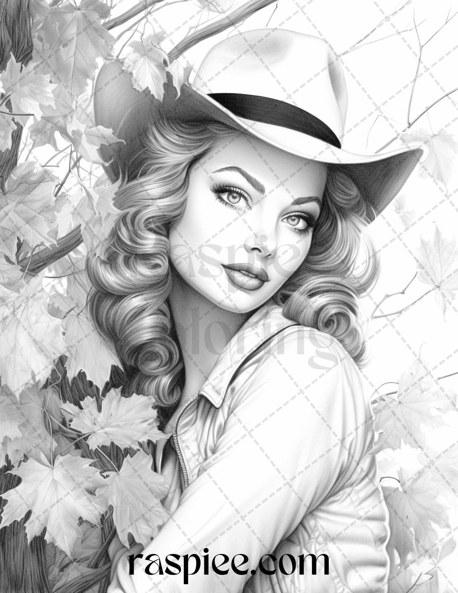 55 Autumn Pin Up Girls Grayscale Coloring Pages Printable for Adults, PDF File Instant Download