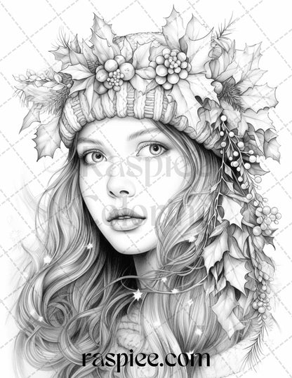 60 Beautiful Winter Girls Grayscale Coloring Pages Printable for Adults, PDF File Instant Download