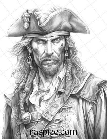 60 Pirate Life Grayscale Coloring Pages Printable for Adults, Stress Relief Coloring, PDF File Instant Download