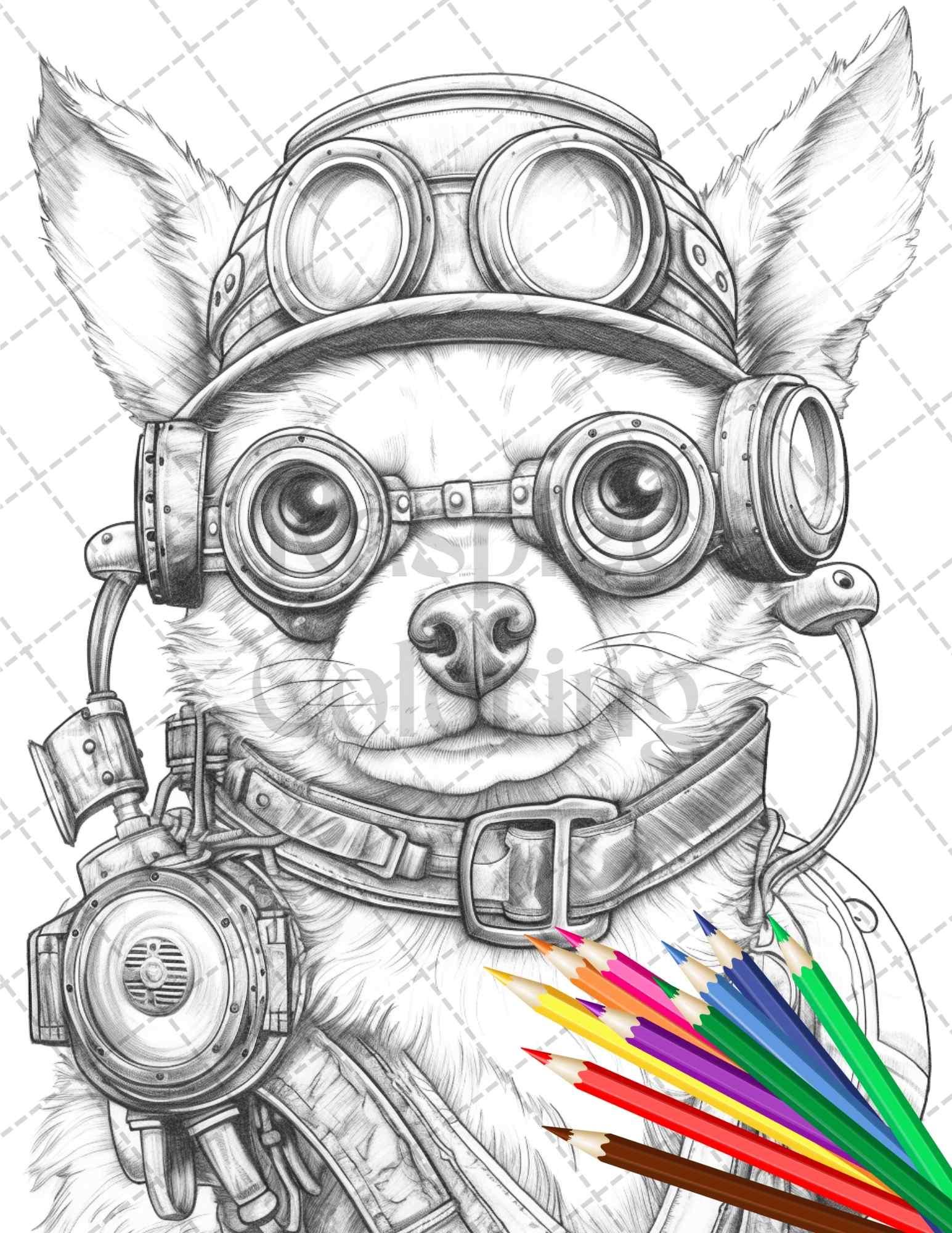 60 Steampunk Animals Grayscale Coloring Pages Printable for Adults, PDF File Instant Download