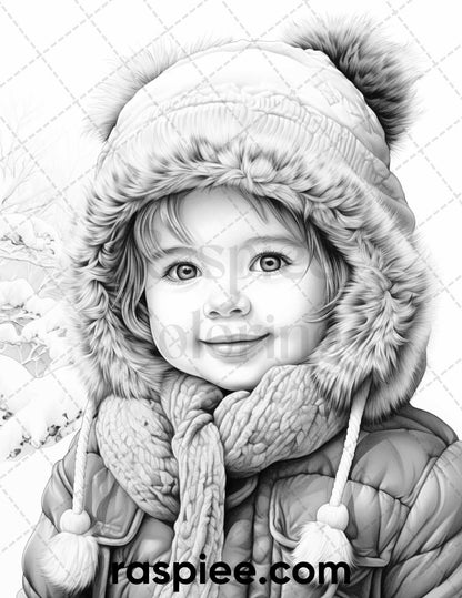 50 Baby Winter Portrait Grayscale Coloring Pages Printable for Adults, PDF File Instant Download