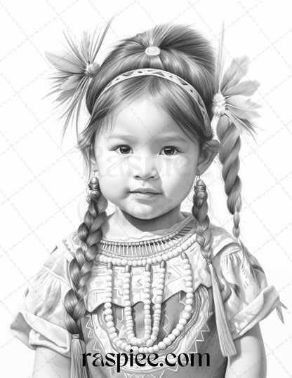 50 Native American Little Girls Boys Grayscale Coloring Pages Printable for Adults Kids, PDF File Instant Download