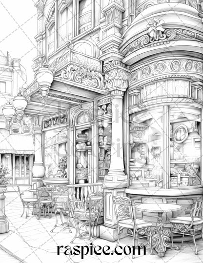 50 Cozy Coffee Shop Grayscale Coloring Pages Printable for Adults, PDF File Instant Download