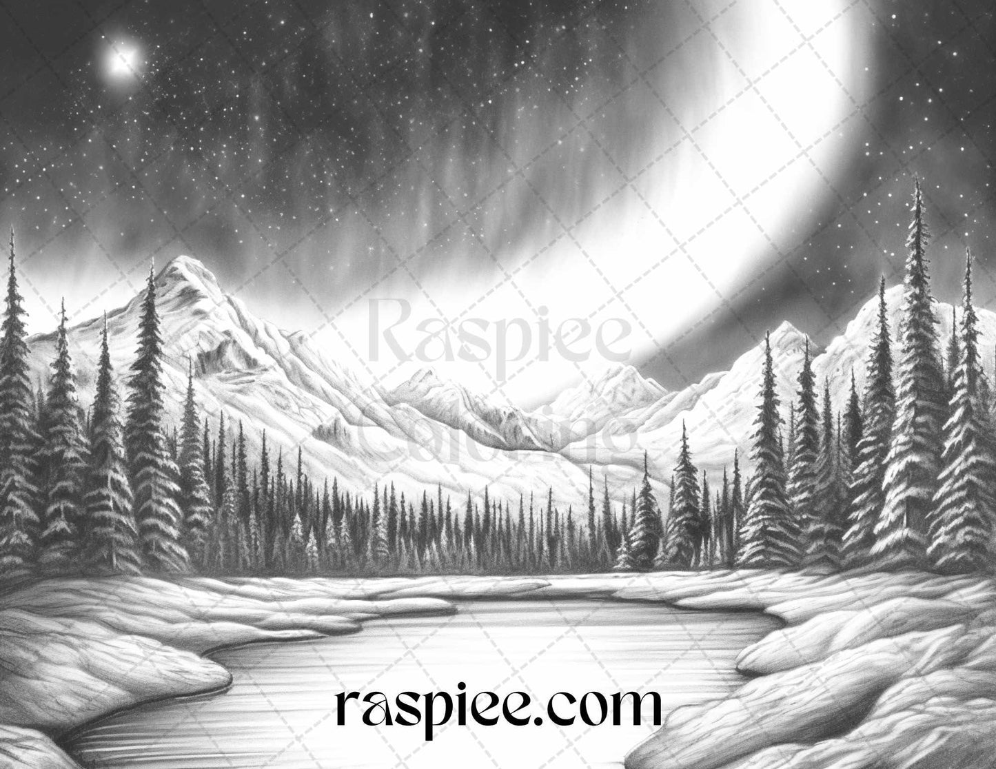 Aurora Borealis Landscape Grayscale Coloring Pages for Adults, Printable PDF File Instant Download