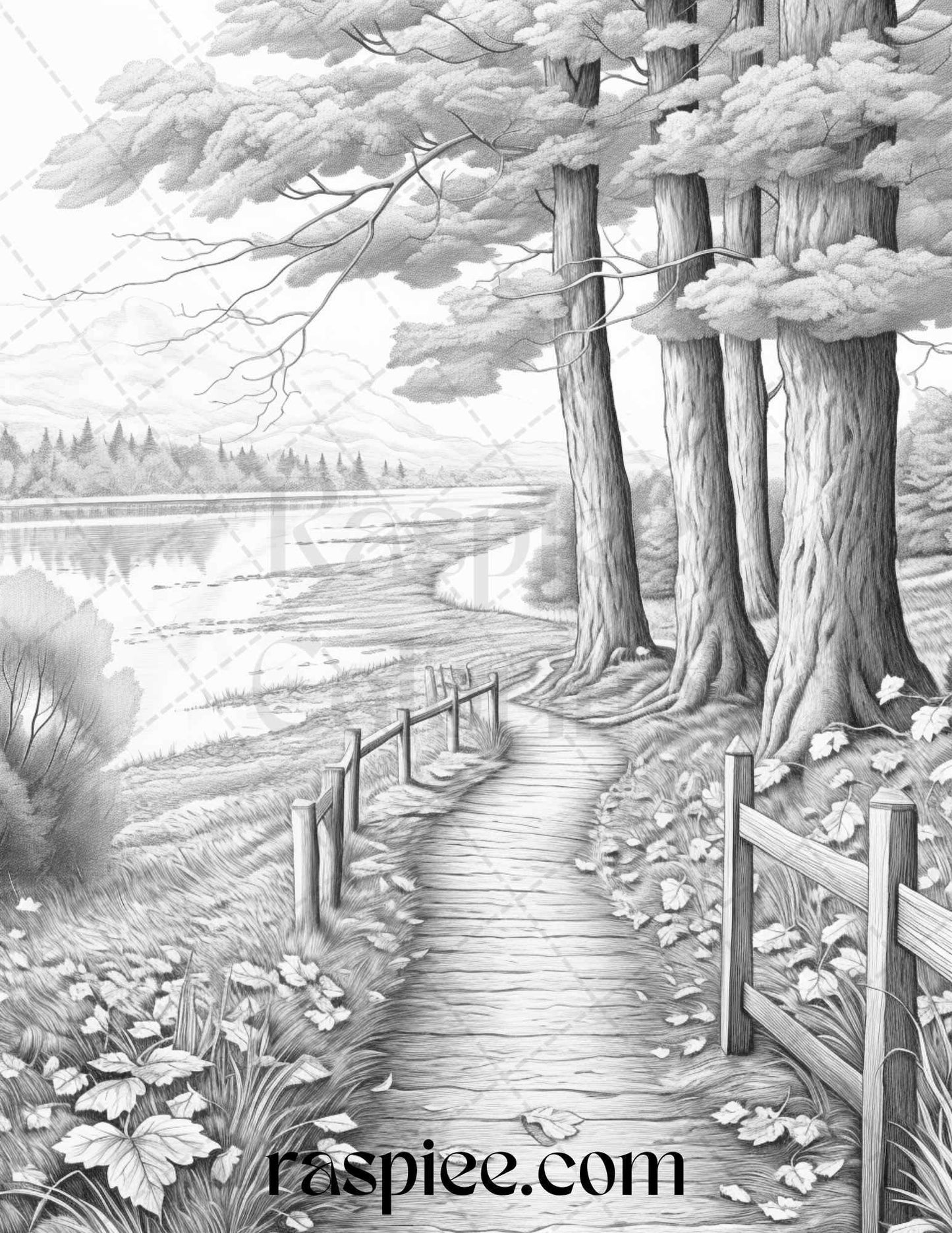 Autumn Scenery Grayscale Coloring Pages Printable for Adults, PDF File Instant Download