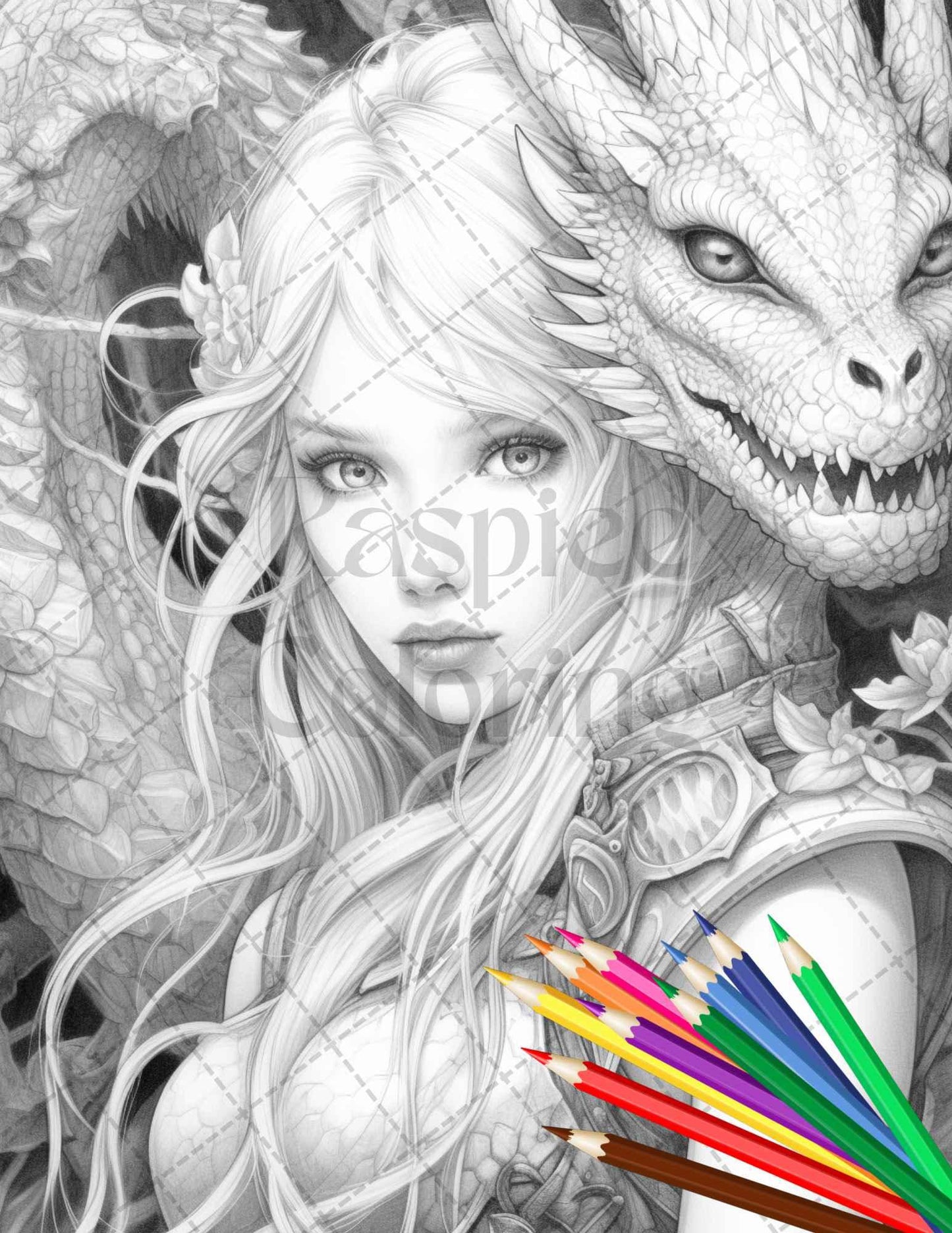Enchanted Dragon Queens Grayscale Coloring Pages Printable for Adults, PDF File Instant Download