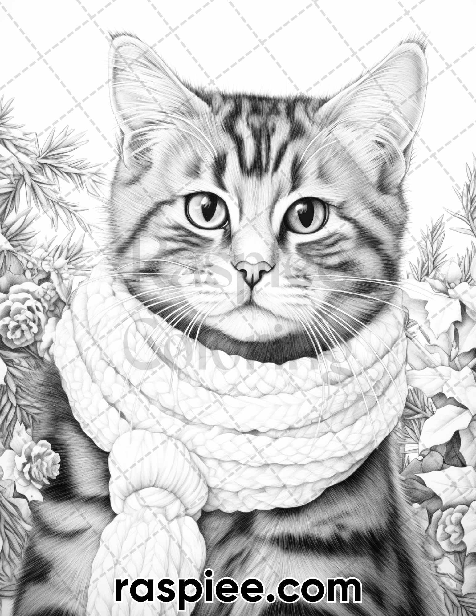 40 Christmas Cats Grayscale Coloring Pages for Adults, Printable PDF Instant Download